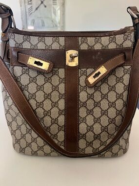 Vintage Gucci Beige GG Monogram Canvas Shoulder Bag w/ Brown Leather Trim